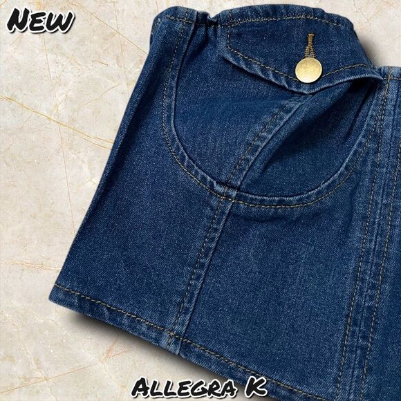 New NWT Allegra K Button Front Strapless Denim Crop Top - Size Small - Picture 4 of 9